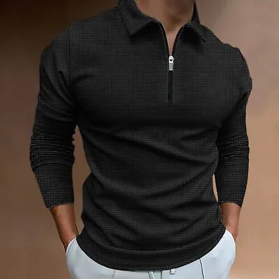 Polo T Shirt Men's Zipper Collar Long Sleeve Waffle Solid Black Golf Zip Classic • $29.98
