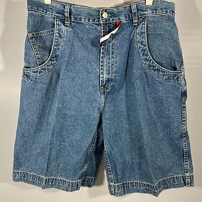 VTG 90s Tommy Hilfiger Jeans Blue Jean Shorts Sz 36 Big Flag Patch Denim • $19.95