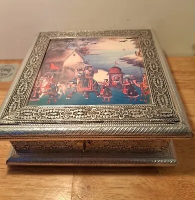 Meenakari Trinket /Jewelry Box Shiny Elephant Scene Box Treasures Pressed Metal • $19.12