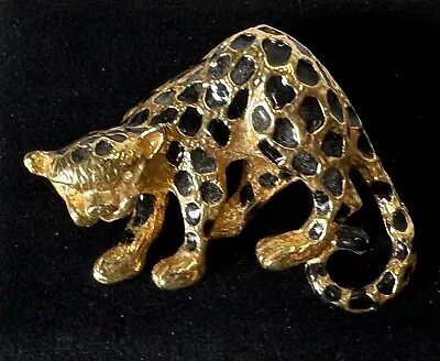 Gold Tone Black Enamel Cougar Cat Vintage Brooch Jewelry Lot Z • $0.99
