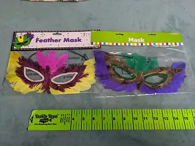 Lot Of 2 Decorative Mardi Gras Eye Masks Ribbon Feathers Green Party Costume • $12.99