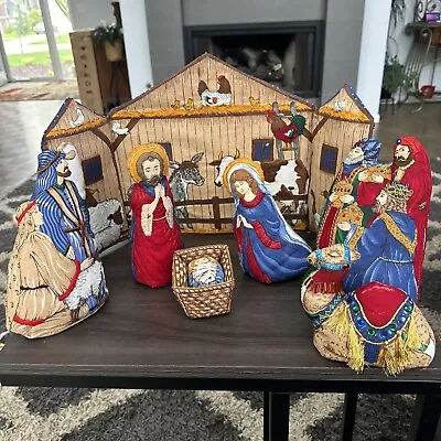 Hand Sewn Christmas Fabric Nativity Set Of 8 With Barn Background Plush • $25