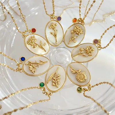 Birth Month Flower Birthstone Necklace For Women Charm White Shell Pendant Chain • $6.29