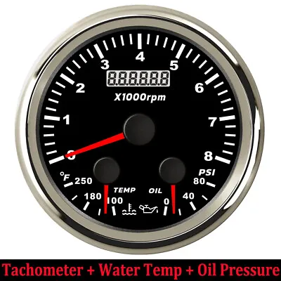 85mm 3In 1 Multifunction Boat Tachometer 0-8000RPM Water Temp Oil Pressure Gauge • $59.96