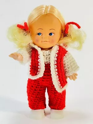 Vintage 7  Unmarked Plastic Doll Handmade Red White Crochet Outfit • $4.99