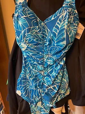 Maxine Of Hollywood One Piece Ruched Bathing Suit Size 16 Blue Flower New Tag • $27