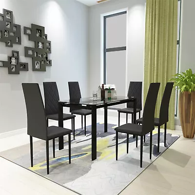 7 Piece Dining Table Set Kitchen Breakfast Furniture With 6 Leather Chairs Black • $374.99