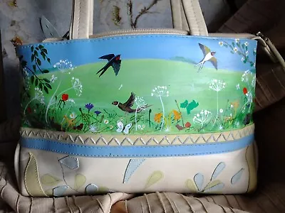 Cream Blue Leather Small 2 Handled Handbag Hand Painted Radley In A Meadow  Tag • £69.99