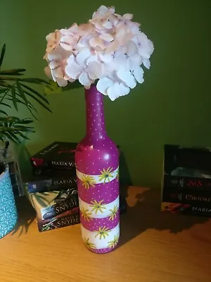 Hand Painted Tall Glass Bottle Table Centerpiece Flower Vase Pink/White/Yellow • £5.60