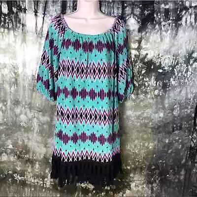 Vava By Joy Han Turquoise Off The Shoulder Southwester Tassel Dress Size Small • $12.50
