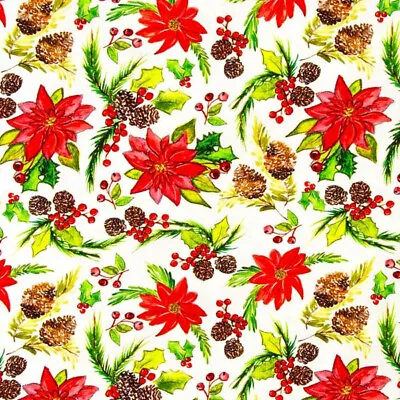 Debbie Shore Christmas Traditions Poinsettia White Fabric 100% Cotton 621835 • $7.41