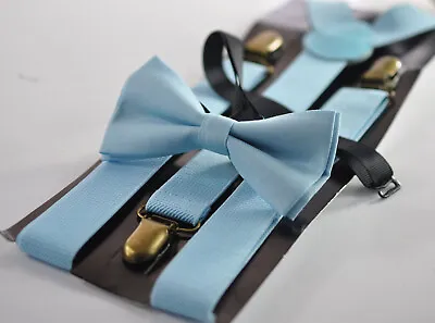 Boy Blue Pale Blue Cotton Bow Tie + Suspenders Braces For Boy Baby Men • £8.03