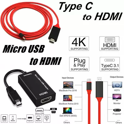 Micro USB/Type C To HDMI Cable Converter 4K HDTV Adapter For Samsung HUAWEI PC • £4.86