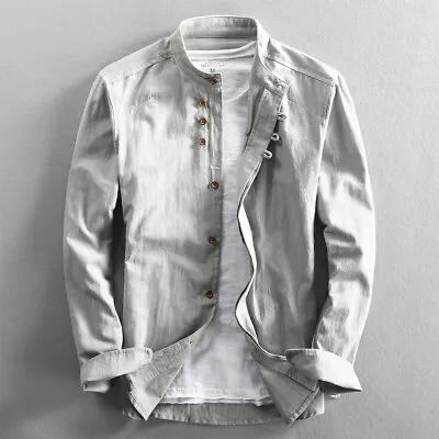 Men Cotton Linen Shirt Male Formal Retro Long Sleeve Mandarin Collar Frog Button • $26.72