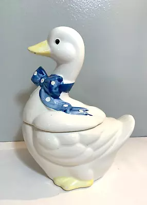 Vtg Small Goose Cookie Jar Sugar Dish Blue Polka Dot Bow Ceramic White Duck 8  • $17.24