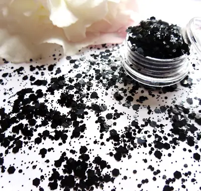 Nail Art Chunky *Jet* Midnight Black Hexagon Glitter Spangles Mix Pot Decoration • £2.35