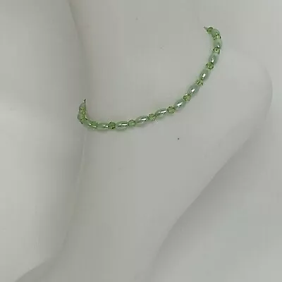 Handmade Anklet Green Glass Pearls And Faceted Glass Beads Silver Tone 9.25  • $9