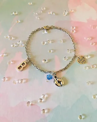 Baby Shower Mum To Be Baby Blue Baby Feet Personalised Initial Charm Bracelet Uk • £3.50