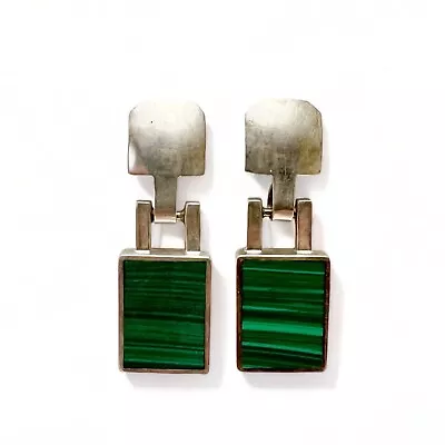 Vintage Modernist Malachite Sterling Silver Drop Rectangular Earrings Mexico • $49.99