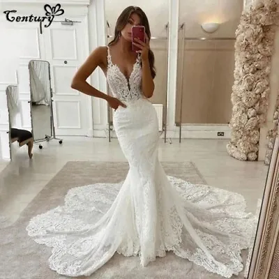 Sexy Lace Wedding Dress  Women Bride Mermaid Lace Appliques Backless Sleeveless • $504.51