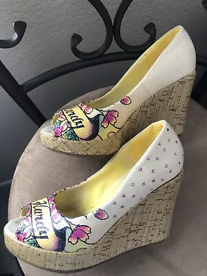 Women’s Platform Wedge Heels/Peep Toe Shoes Ed Hardy Size 5.5 Cream Canvas Bling • $4.99