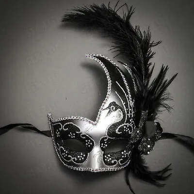 Silver Venetian Carnival Side Black Feather Masquerade Mask Mardi Gras Party • $21.99