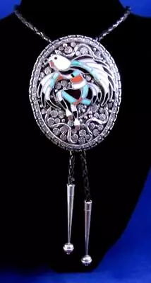 JOHN LUCIO Zuni Inlaid TURQUOISE ONYX MOP CORAL Eagle Dancer Kachina Bolo Tie • $26