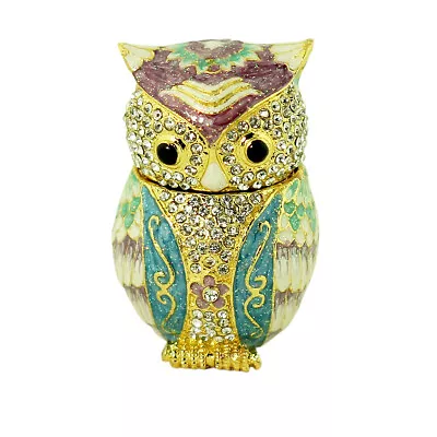 Baby Owl Trinket Box Blue Austrian Crystals Gold Cute Storage Collectible Hinged • $19.99