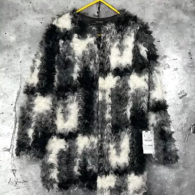 ZARA Basic Collection Black White Shaggy Faux Fur Teddy Coat Size Large NWT $119 • $49.99