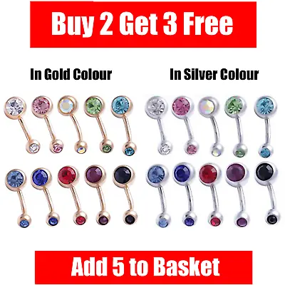 £2.39 • Buy Belly Bar Surgical Steel Navel Bar Button Ring Double Crystal Gem Belly Bars UK