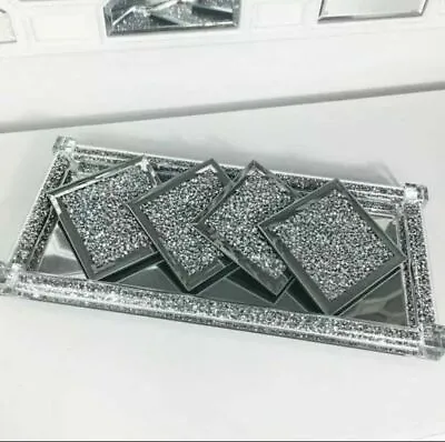 Silver Bling Crushed Diamond Elegant Stunning Set Of 4 Mirror Shine Coasters • £11.99