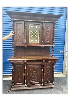 French Renaissance Revival Antique Carved Oak Buffet Sideboard Leaded Glass • $1189.15