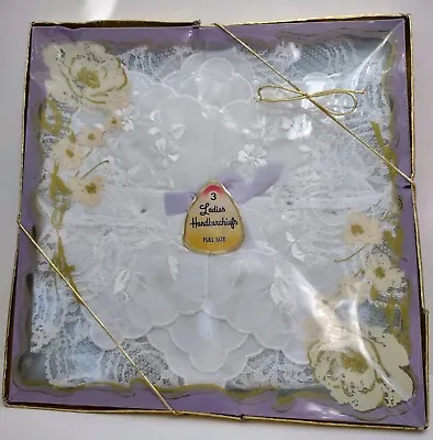 Ladies Handkerchiefs White Embroidered Boxed Set Of 3 Vintage Full Size  • $9.95