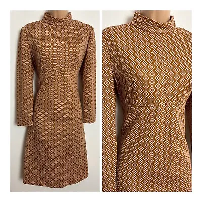 £7.99 • Buy Vintage 1970s Mod Tan & White Abstract Pattern Long Sleeve Shift Dress 8-10