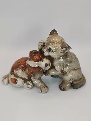 Vintage Enesco Dog & Cat Playing Ceramic Figurine #E9404 Hand Painted Japan • $22