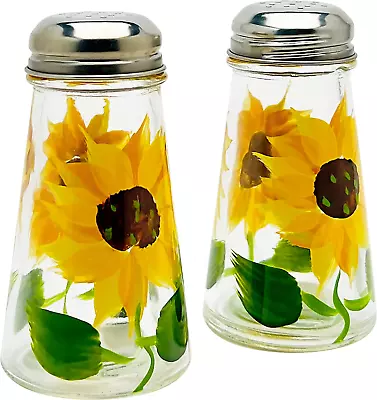 Hand-Painted Sunflower Glass Salt & Pepper Shaker Set - Elegant Gift Boxed Kit I • $15.93