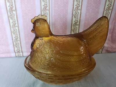 Vintage Indiana Glass Amber Brown Hen On Nest Chicken Butter Candy Dish • $25