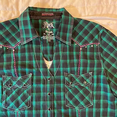 Rock 47 By Wrangler Shirt Womens XL Green Plaid Bling Snap Western Embroidered • $51.31