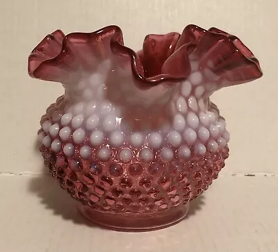 Vintage Fenton Cranberry Hobnail Opalescent Vase Ruffled Edge Grannycore MCM • $35.99