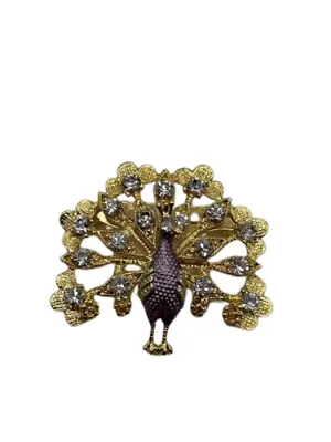 Rhinestone Peacock Lapel Pin Figural Brooch Gold Tone Luxury Pinback Button • $34