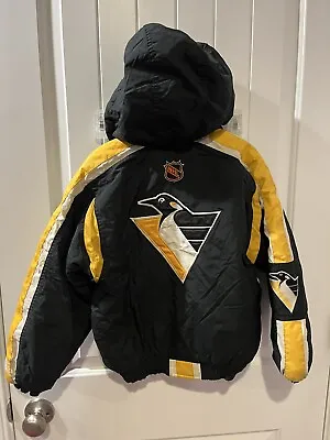 Vintage 1990's Pittsburgh Penguins Starter Puffer Hooded Coat Jacket Youth Sz L • $99.99