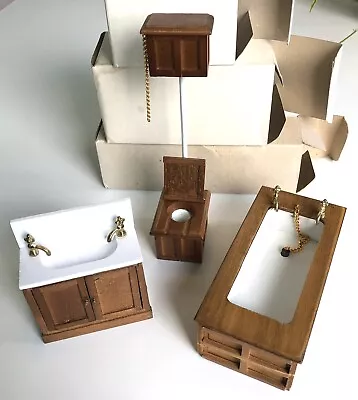 Vintage Wooden Dollhouse Bathroom Set Tub Toilet Sink Walnut Finish 1:12 Scale • $30