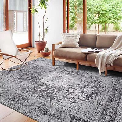 Large Room Area Rug Charcoal Grey Blue Runner Distressed Floral Retro Carpet • $61.75