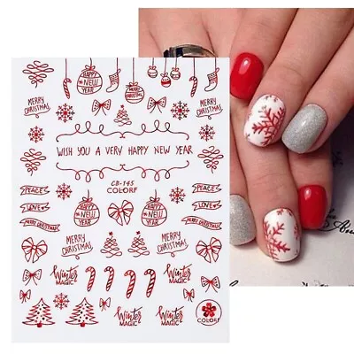 Nail Art Stickers Decals Christmas Red Snowflakes Baubles Candy Cane Bows CB145R • $3.54