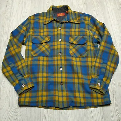 VINTAGE Sears Kings Road Shop Shirt Adult M Wool Blend Blue Gold Plaid • $47.44