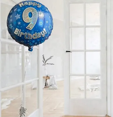 Blue Silver Themed Happy 9th Birthday 18in Foil Balloon. Age 9 Party Decorations • £2.79