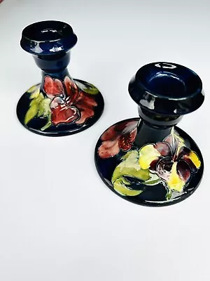 Antique Moorcroft Pottery Cobalt Blue Pair Of Candle Holders Hibiscus Pattern • $199.99