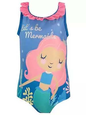 Happy Mermaid Swimming Costume Kids Girls 3 4 5 6 7 8 9 10 Years Swimsuit Blue • £10.99