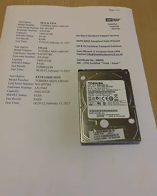 Toshiba MQ01ABD100 1TB Sata 2.5  Laptop HD Full WD Test Certificate HDKGB13T5A01 • £15