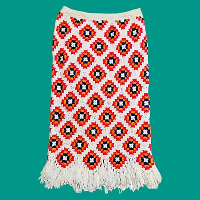 Vintage Handmade Granny Square Crochet Skirt Sz L Midi Fringe Boho Elastic Waist • $120